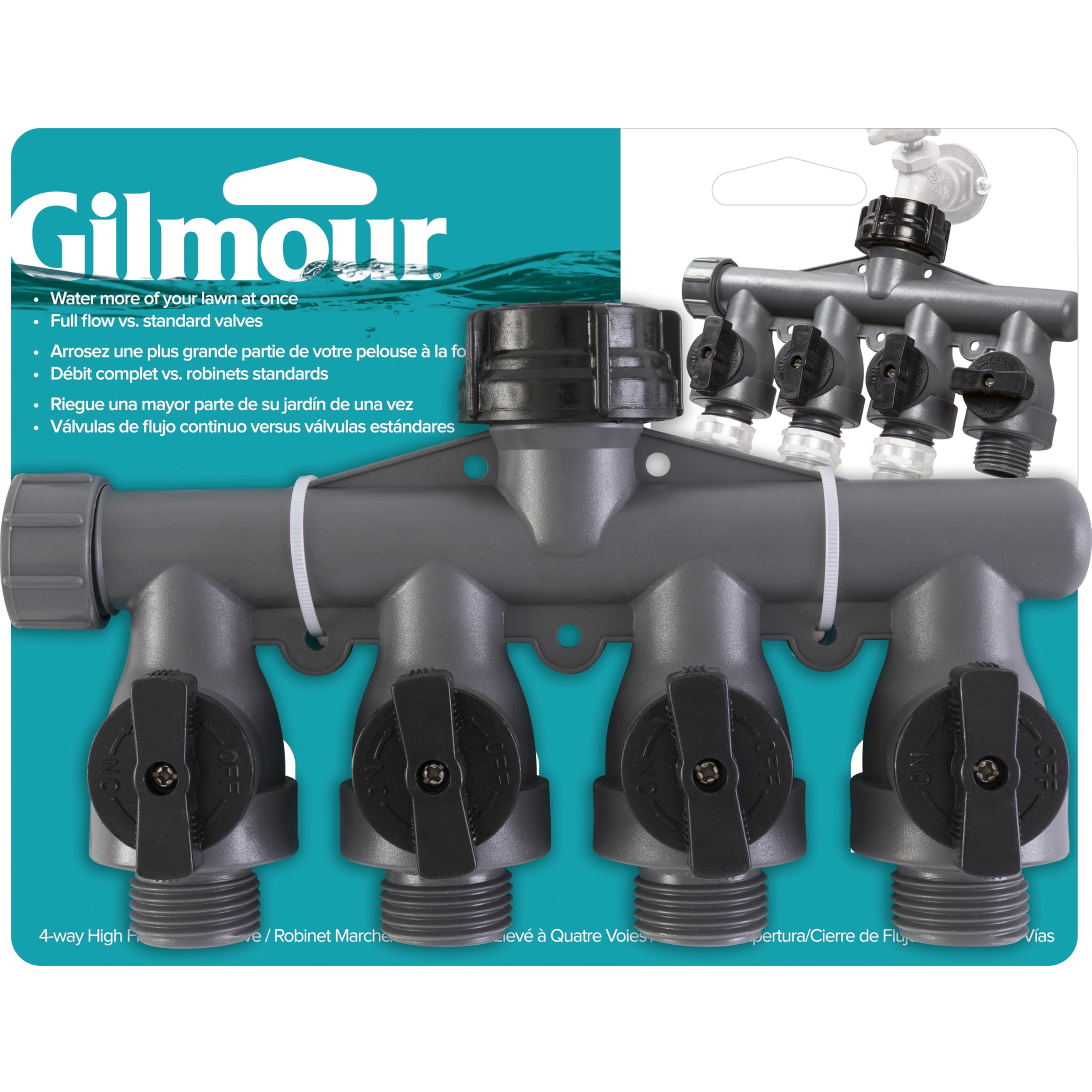 Gilmour four-way hose splitter front view showing four outlets for multitask watering.