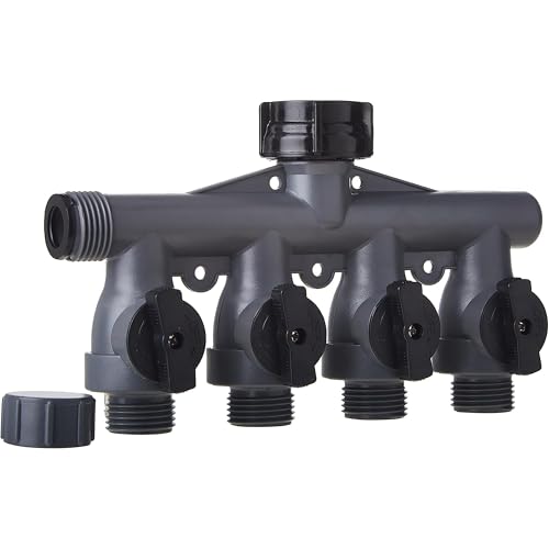 Gilmour heavy-duty four-way splitter side with oversized handles for easy turning.