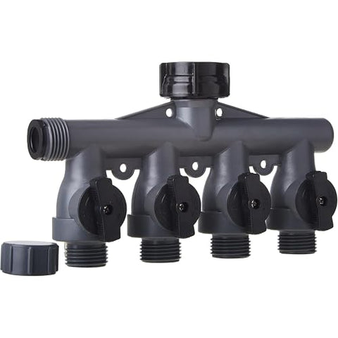 Gilmour heavy-duty four-way splitter side with oversized handles for easy turning.