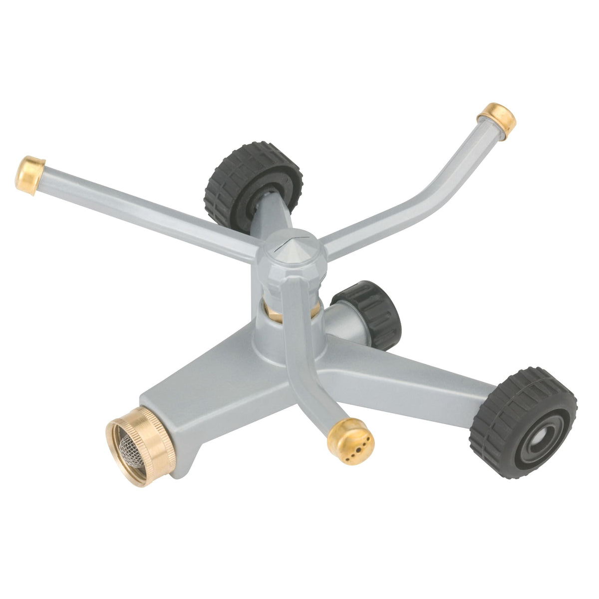 Gilmour heavy duty spinning sprinkler head whirls for 360-degree coverage in beds.