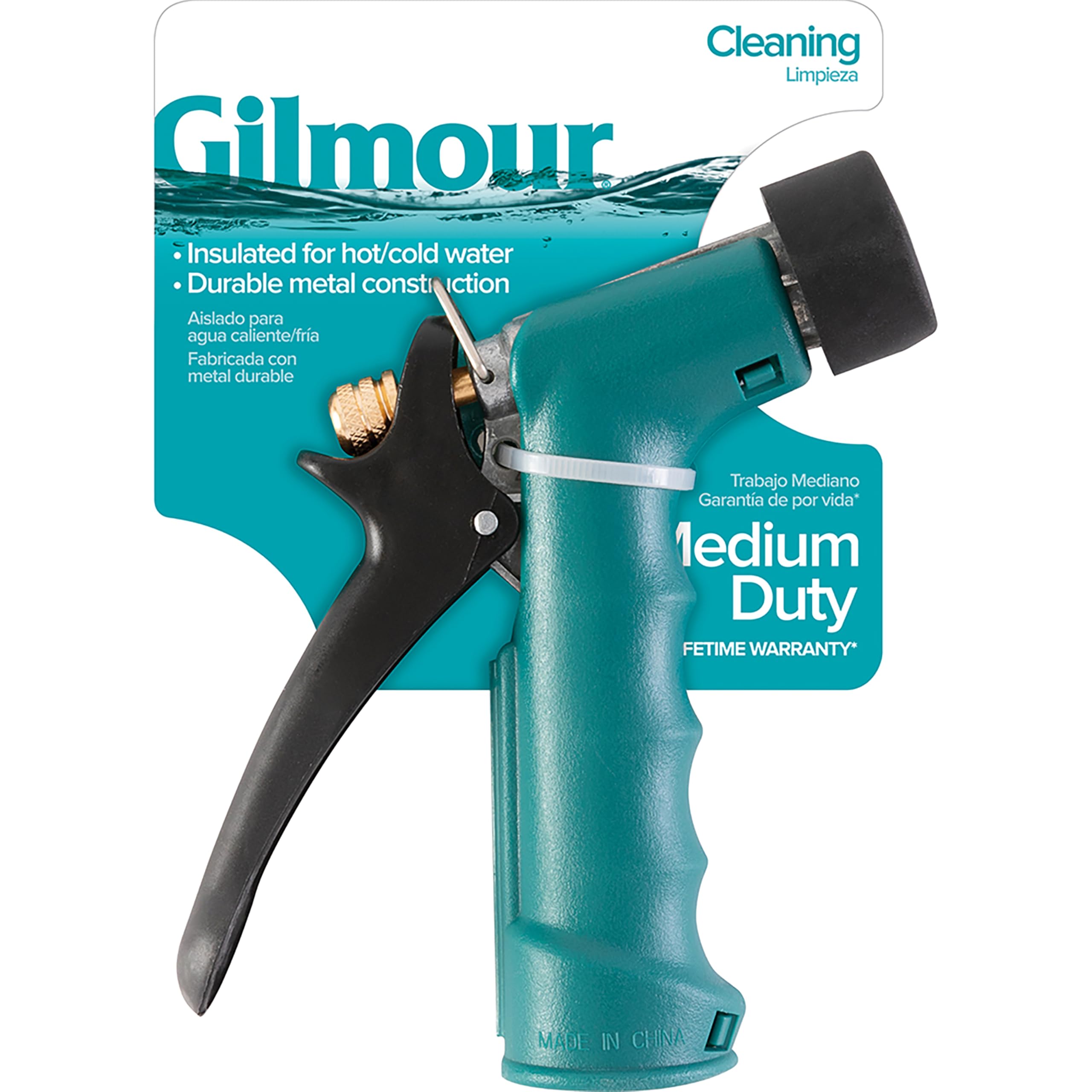 Gilmour nozzle showing front threading and hold-open clip for continuous spraying.