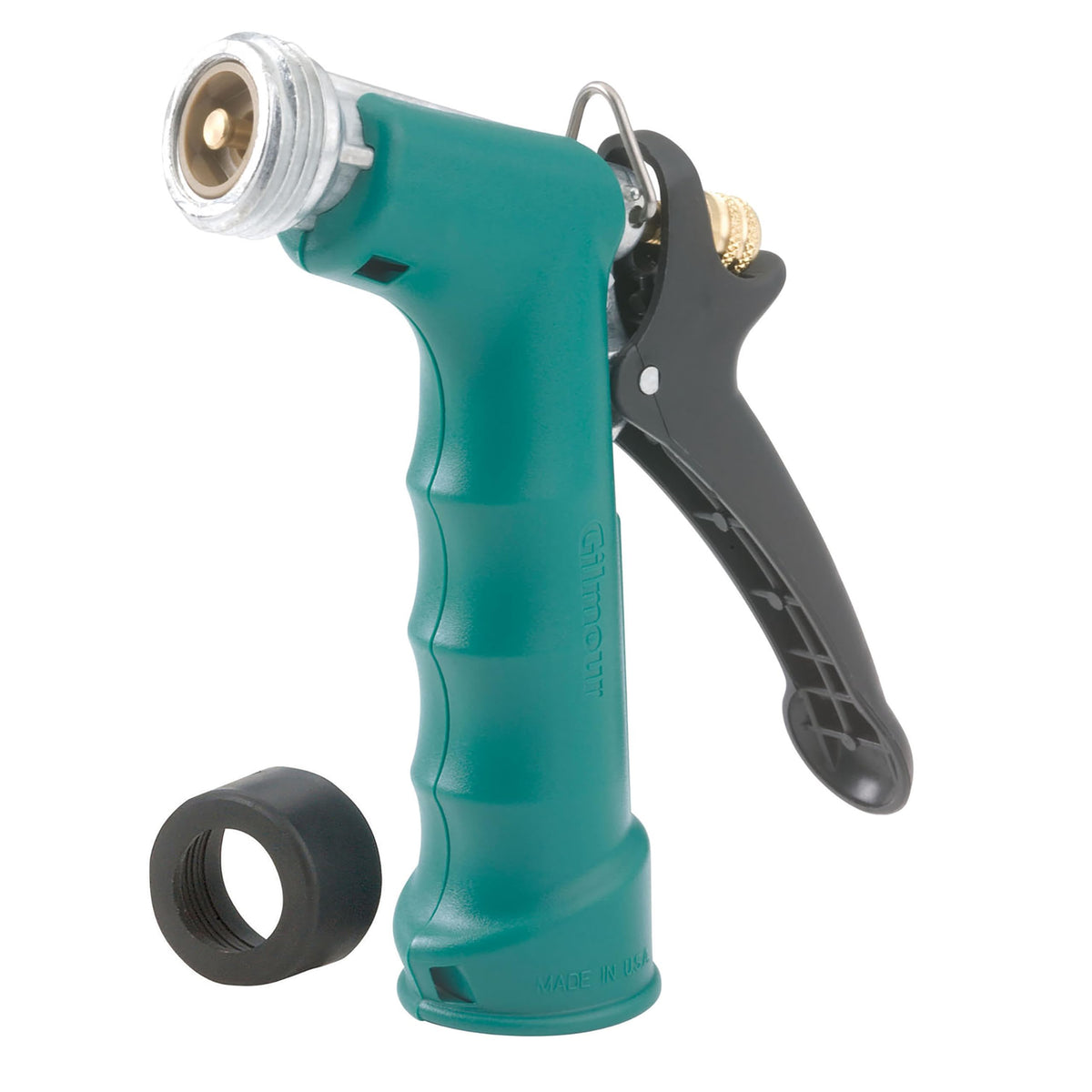 Gilmour insulated grip nozzle with threaded front for leak-proof spraying.