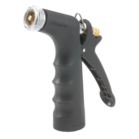Gilmour medium-duty hose nozzle front view; durable metal construction for long-term use