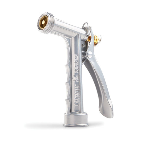 Gilmour metal front-threaded hose nozzle angled view for versatile watering.