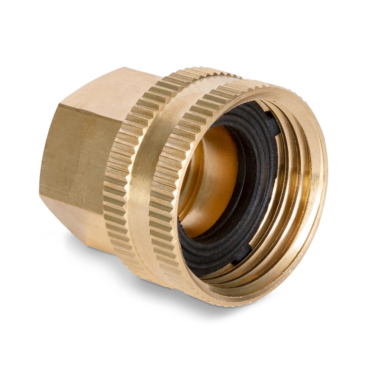 Gilmour Pro brass double female hose connector assembly showing durable, leak-resistant joints.