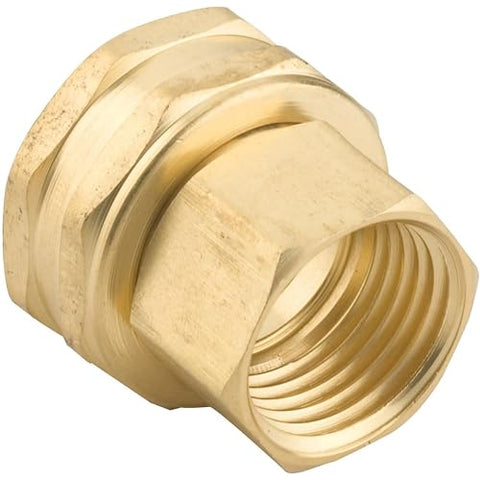 Gilmour Pro brass connector with 1/2 inch NPT to 3/4 inch NH threads for standard hoses.