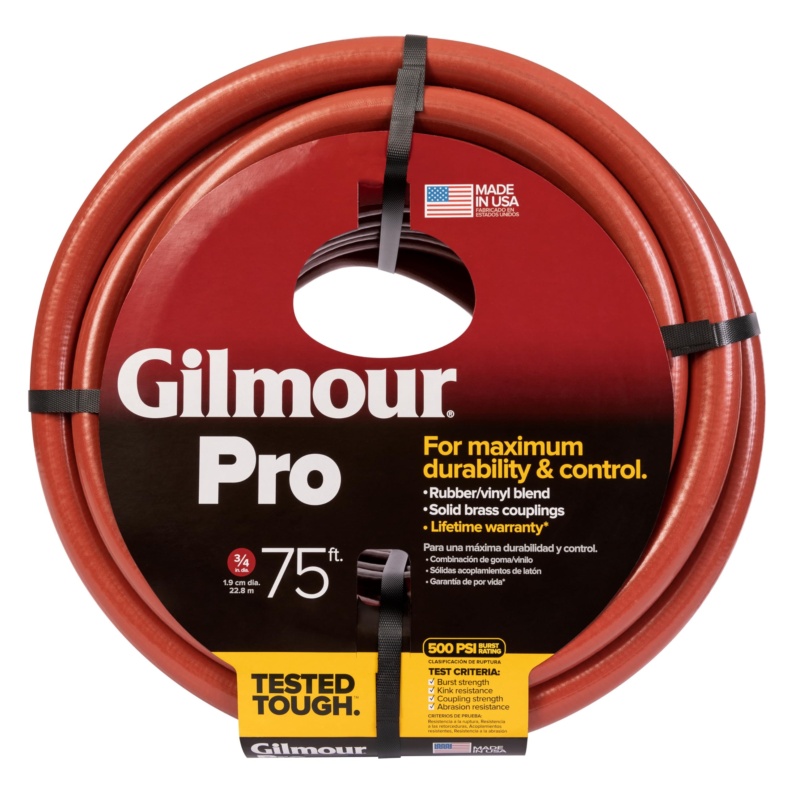 Gilmour Pro 3-4 inch 75-foot hose cover shows rugged durability and abrasion resistance