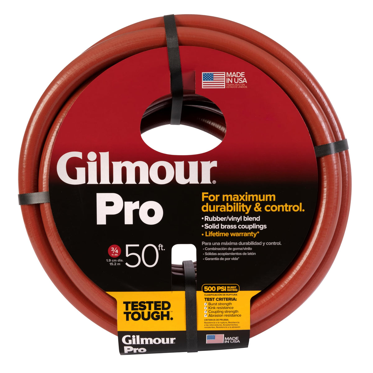 Gilmour Pro hose with red cover protects surfaces during watering.