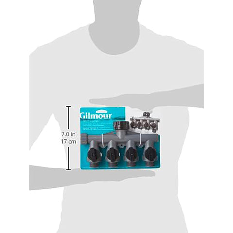 Gilmour quad shut-off valves with leak-resistant connectors for efficient setup.