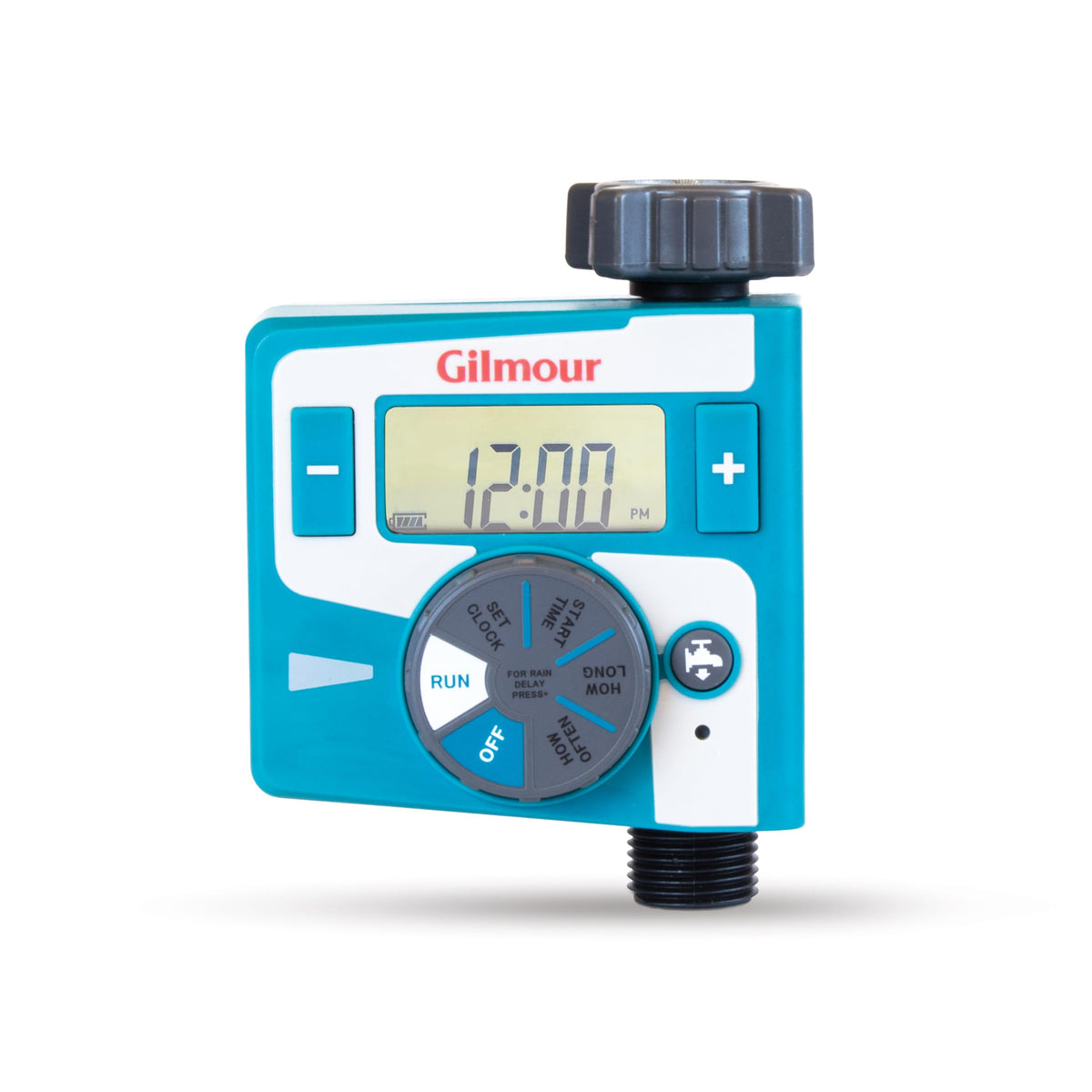 Gilmour single outlet timer front view for easy garden watering setup.