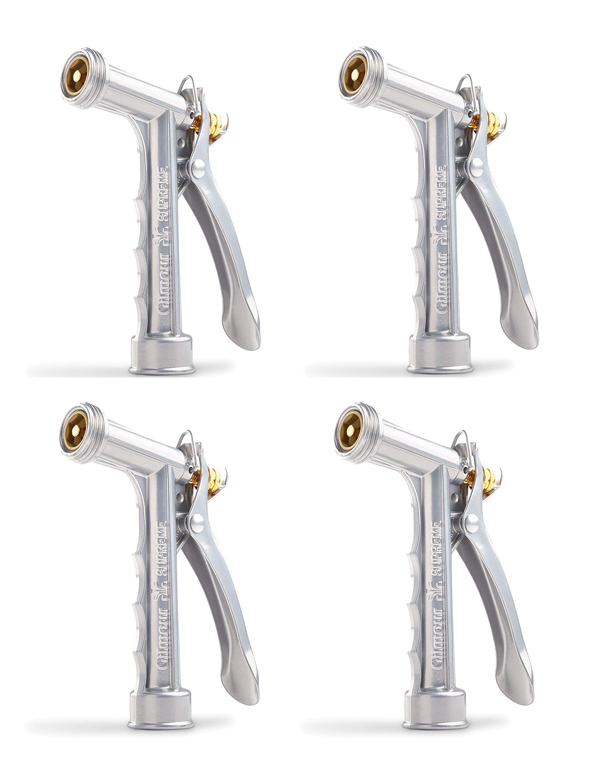 Gilmour solid metal hose spray nozzle with front-threaded design for secure attachments.