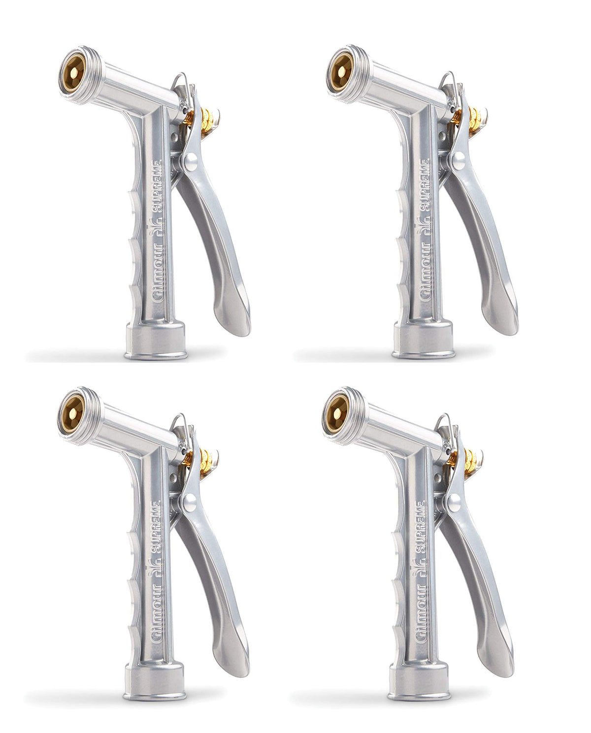 Gilmour solid metal hose spray nozzle with front-threaded design for secure attachments.