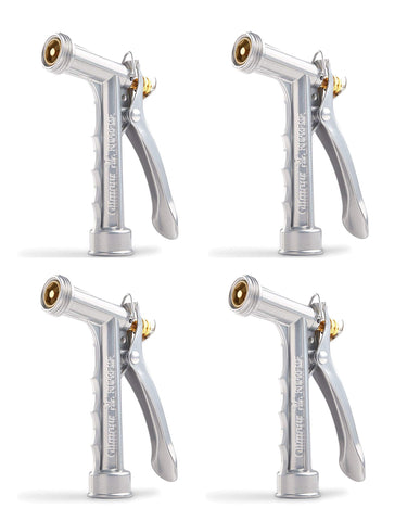Gilmour solid metal hose spray nozzle with front-threaded design for secure attachments.