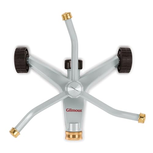 Gilmour spinning sprinkler head whirls with 360-degree coverage for efficient watering.