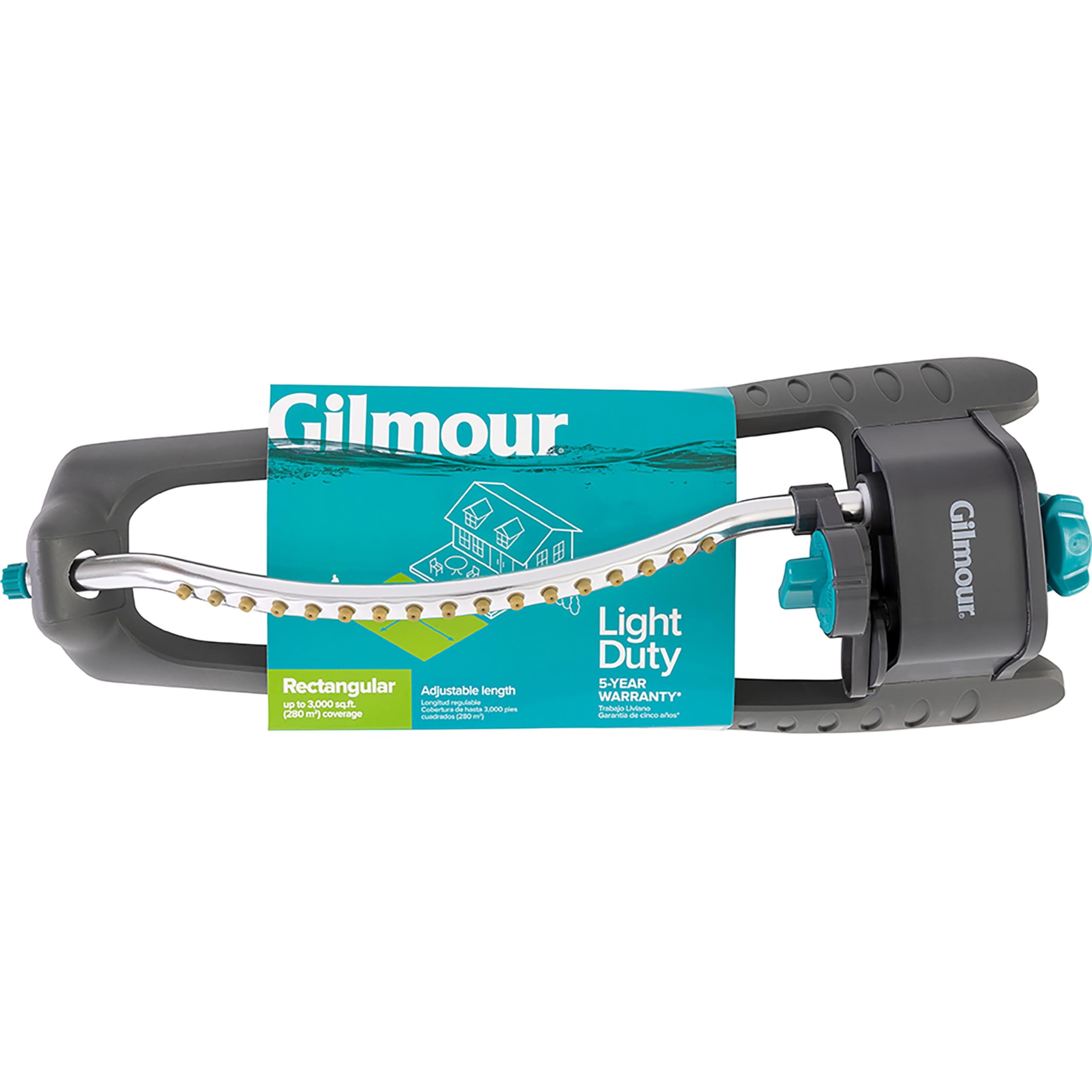 Gilmour sprinkler with swivel coupling for easy hose attachment and modular setup.