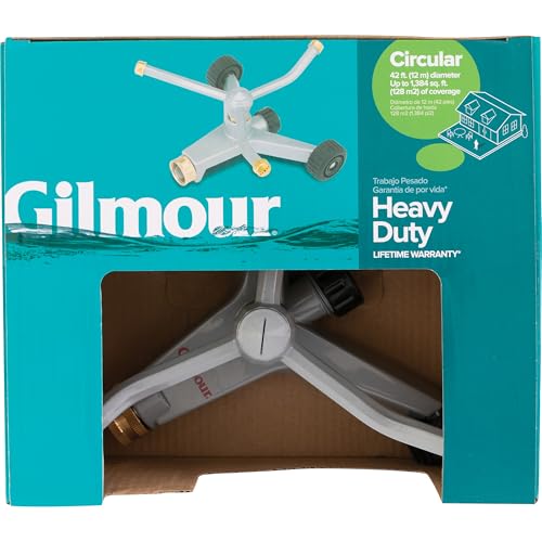 Gilmour sprinkler with wheels allows easy movement across garden areas.