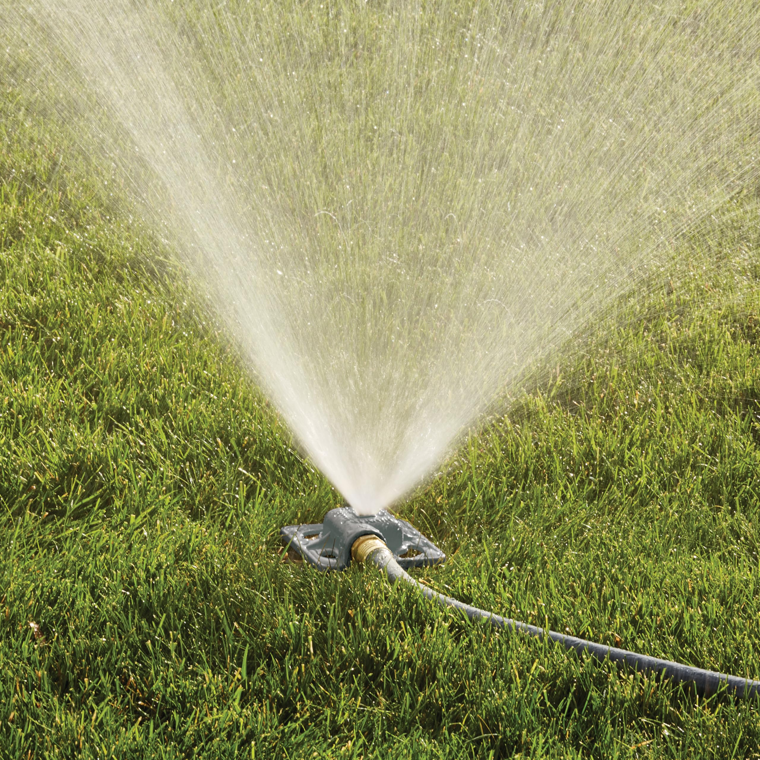 Gilmour stationary spot sprinkler in-use garden setup for irregular spaces