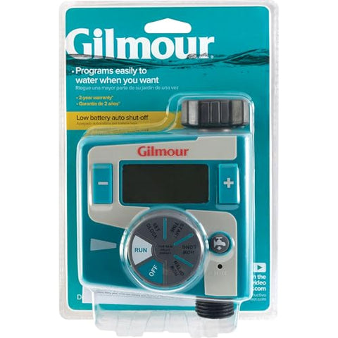 Gilmour timer LCD display for clear programming and quick watering schedules.