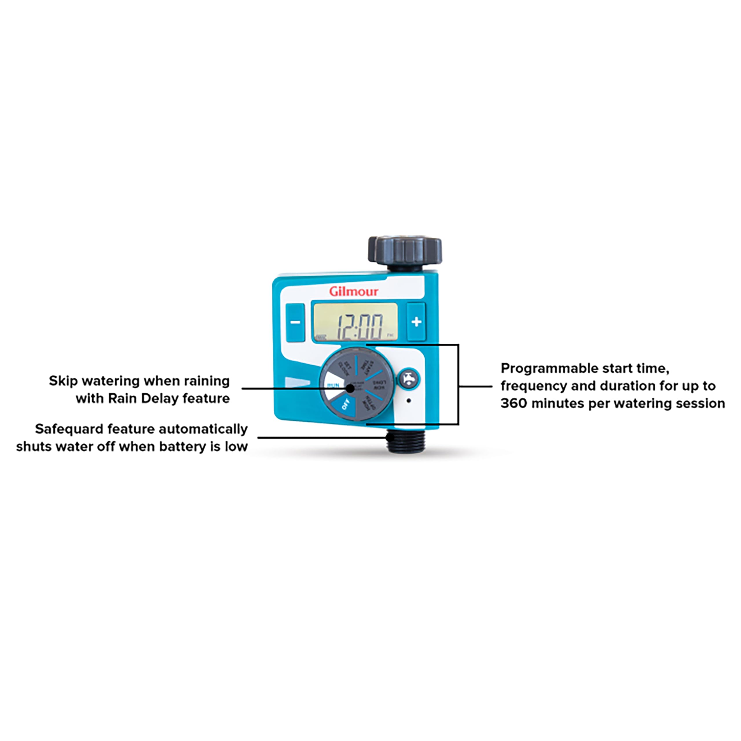 Gilmour timer with metal swivel connection enables quick hose attachment.