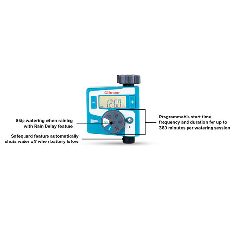 Gilmour timer with metal swivel connection enables quick hose attachment.