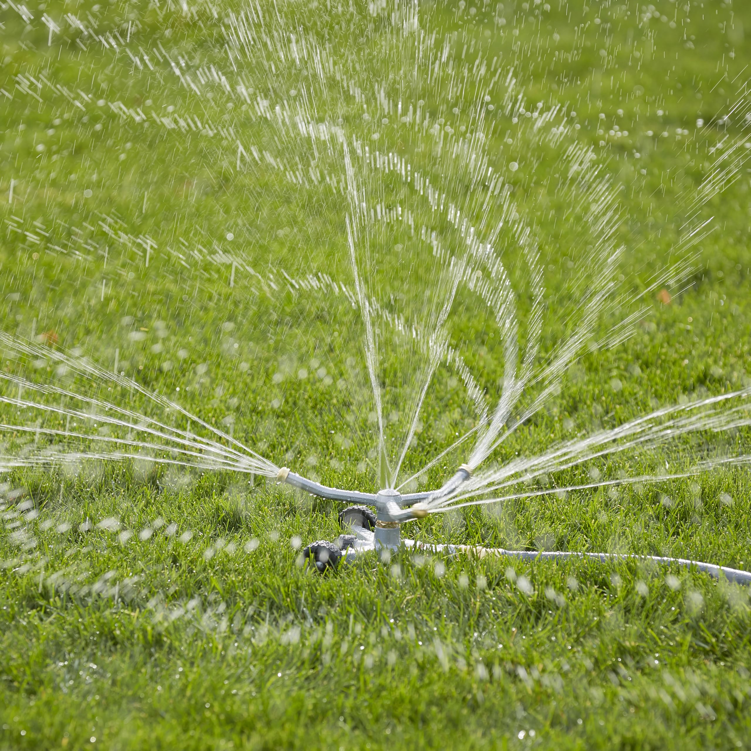 Gilmour sprinkler waters vegetables and garden beds with even distribution.