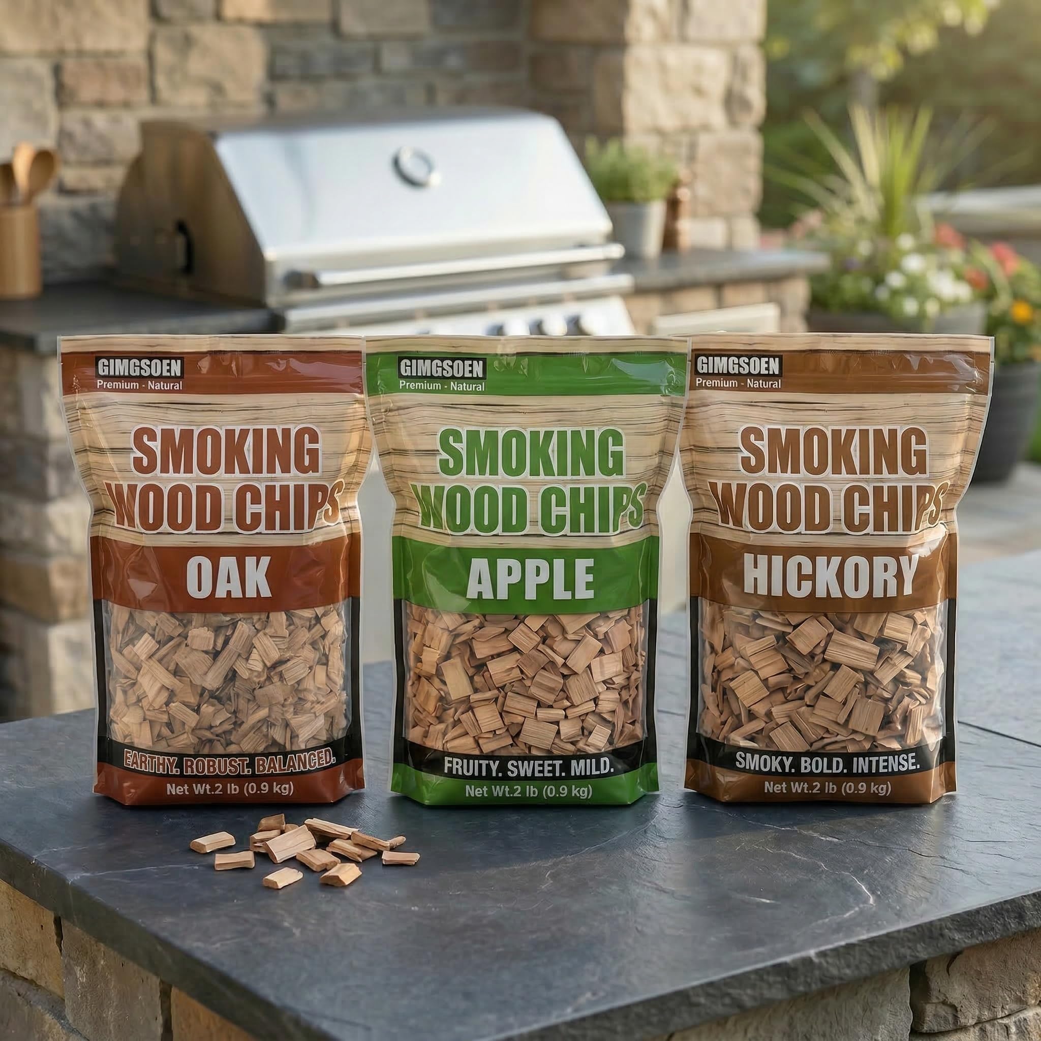 Gimgsoen Hickory smoke chips 2lb bag for bold BBQ aroma.
