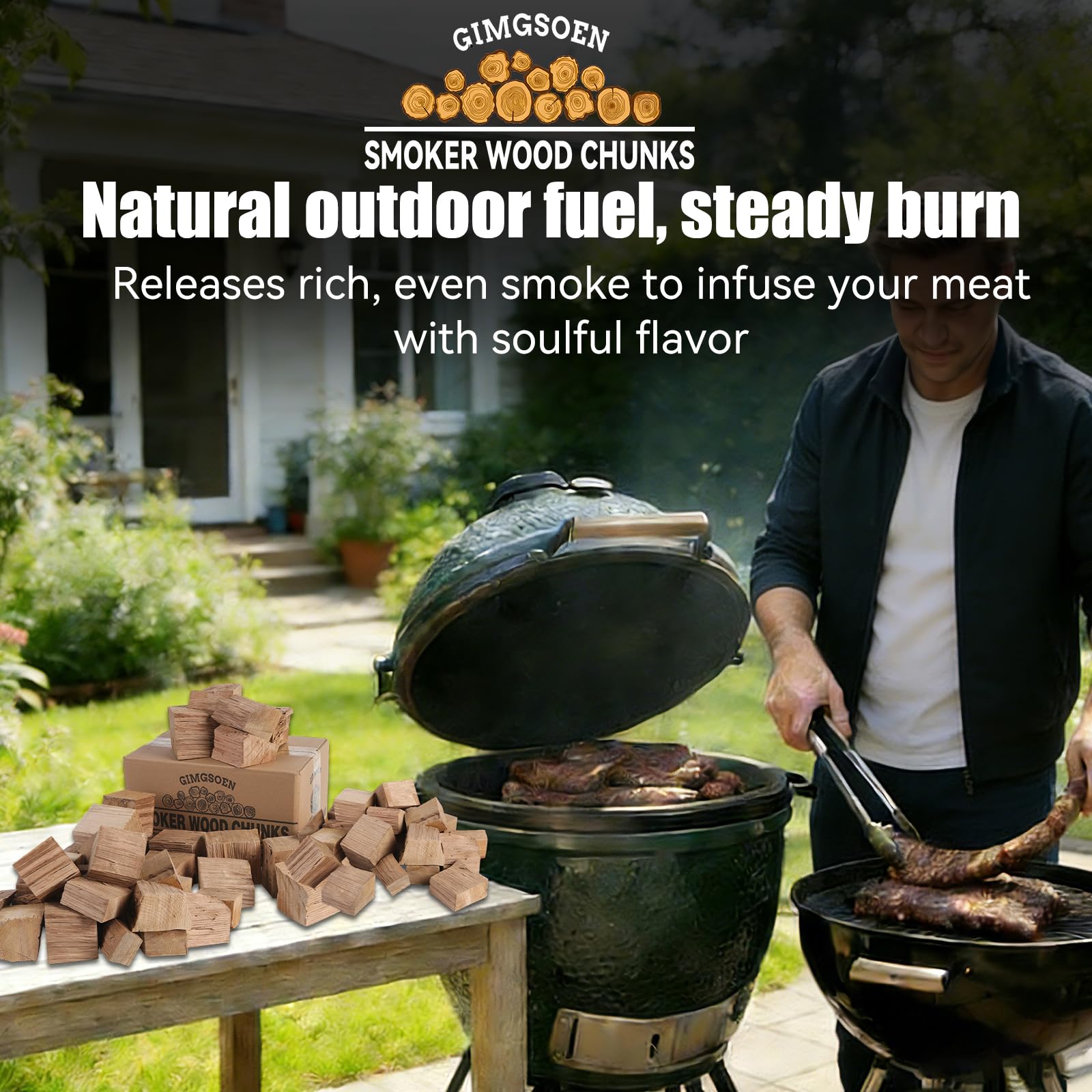 Gimgsoen oak chunks on grill scene for balanced deep smoke