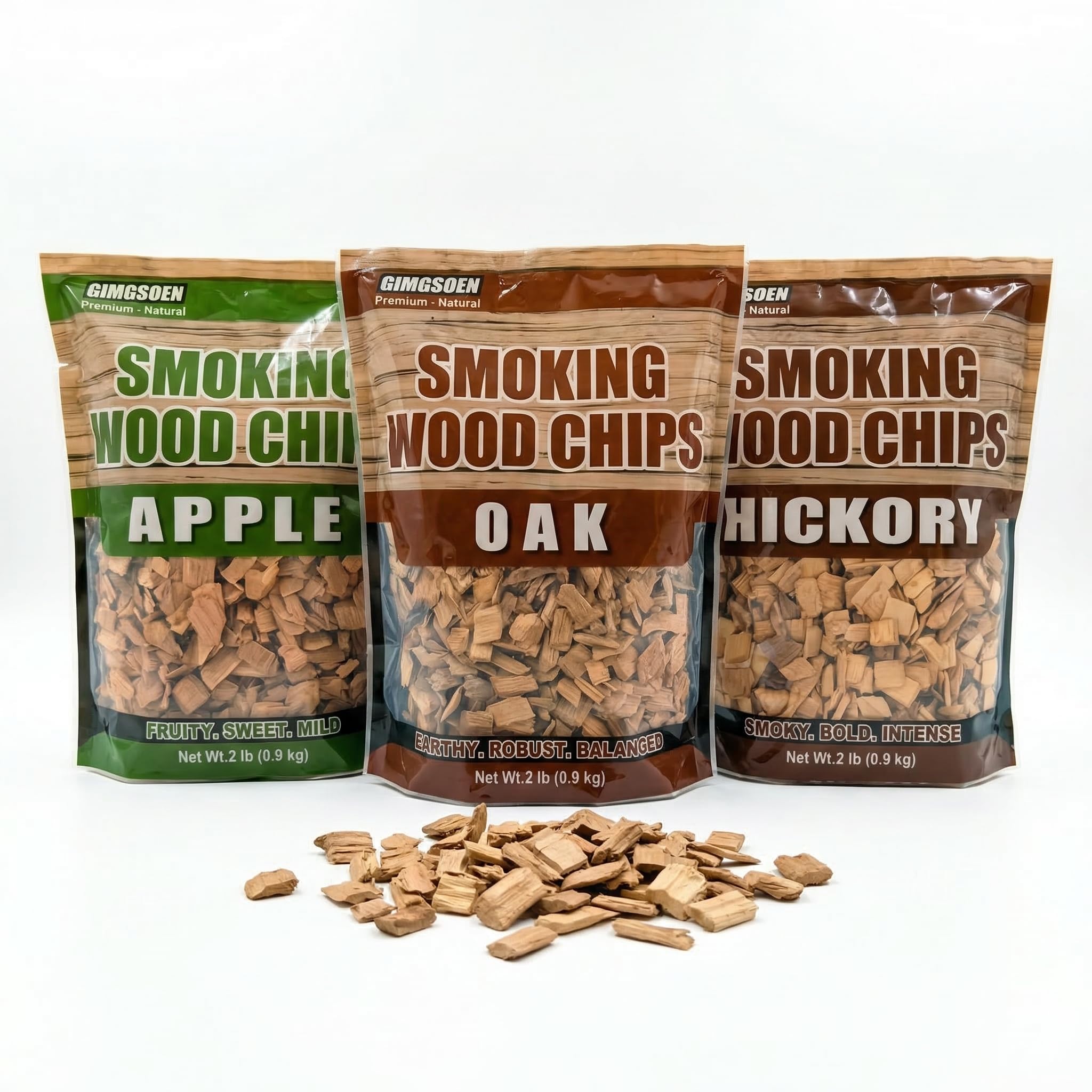Gimgsoen Oak smoke chips 2lb bag for balanced hardwood flavor in grilling.