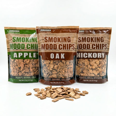Gimgsoen Oak smoke chips 2lb bag for balanced hardwood flavor in grilling.