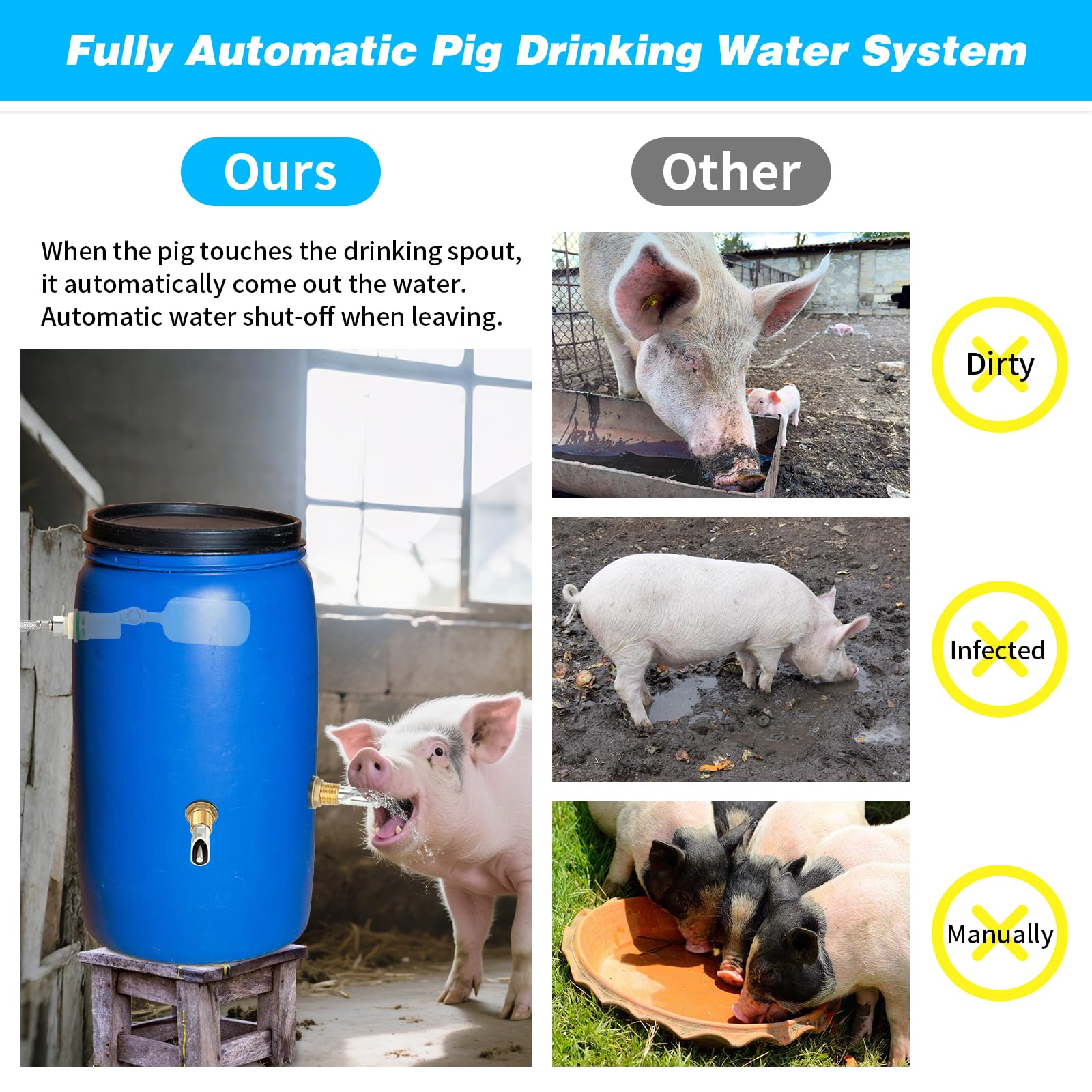 GINDOOR stainless nipples provide automatic drinking with pig mouth interaction.