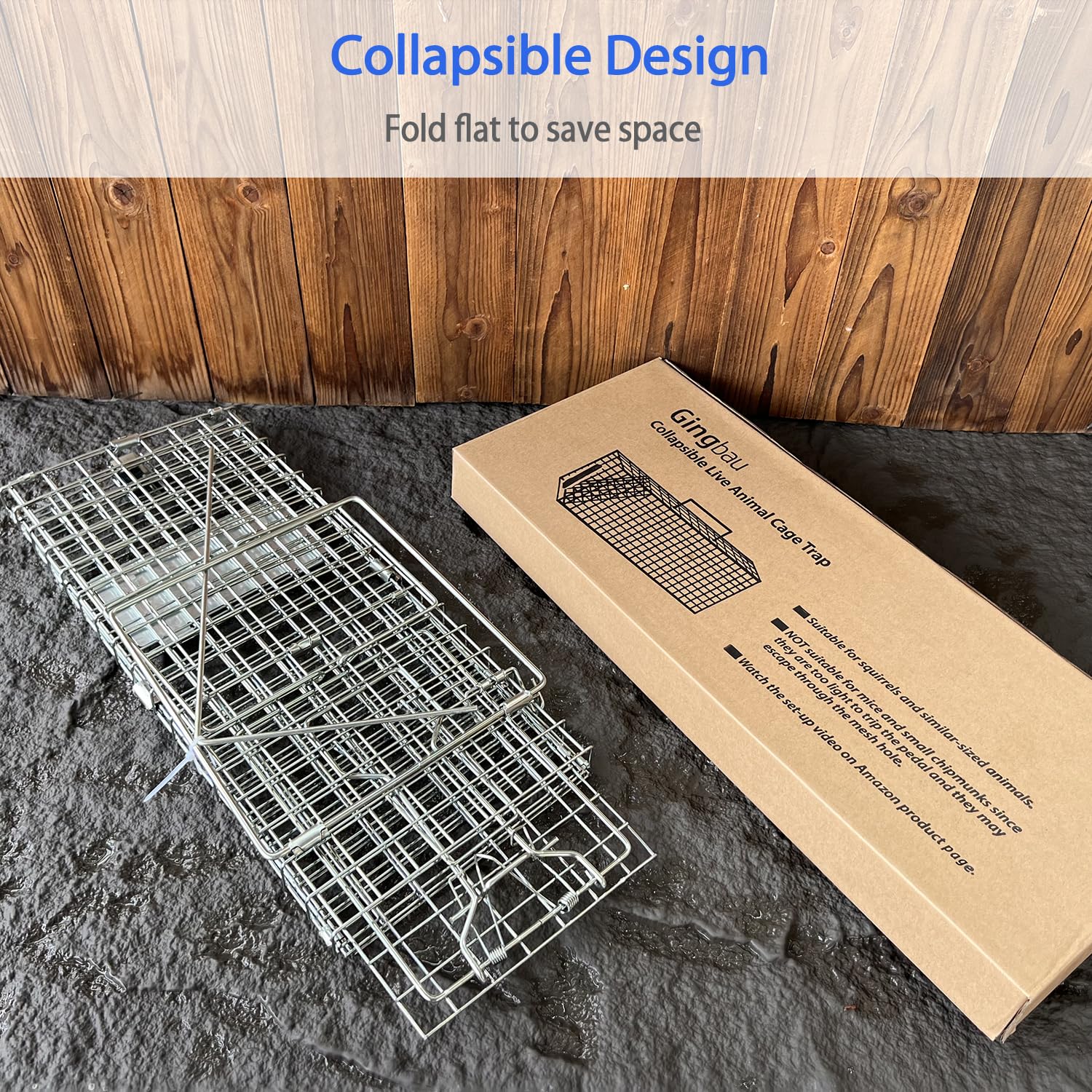 Gingbau Squirrel Trap front view highlights 1x1 inch mesh holes.