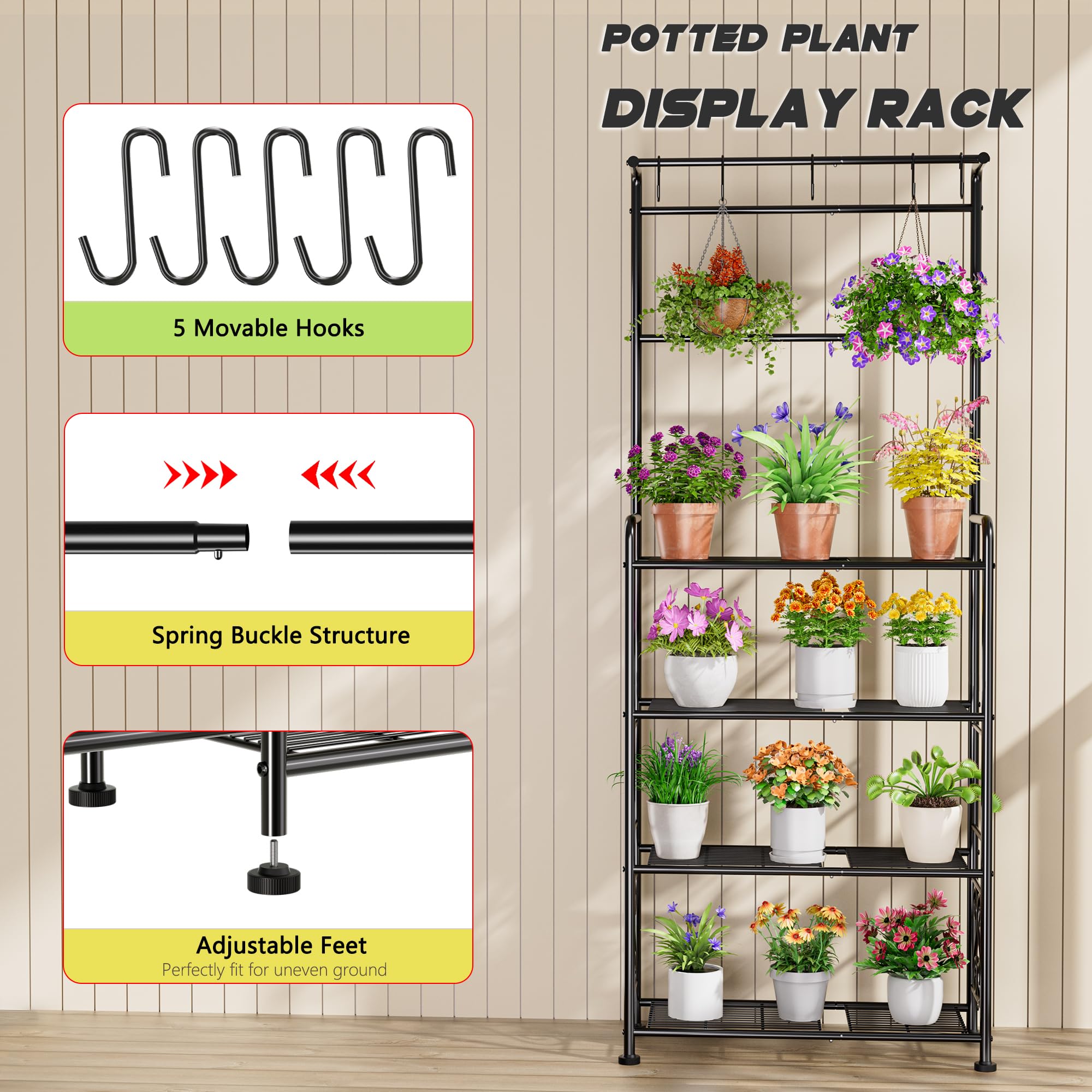 GIOTORENT plant stand top hooks display hanging plants and lanterns safely.