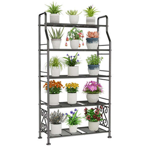 GIOTORENT 5-tier plant stand with waterproof black finish for resilient indoor and outdoor display.