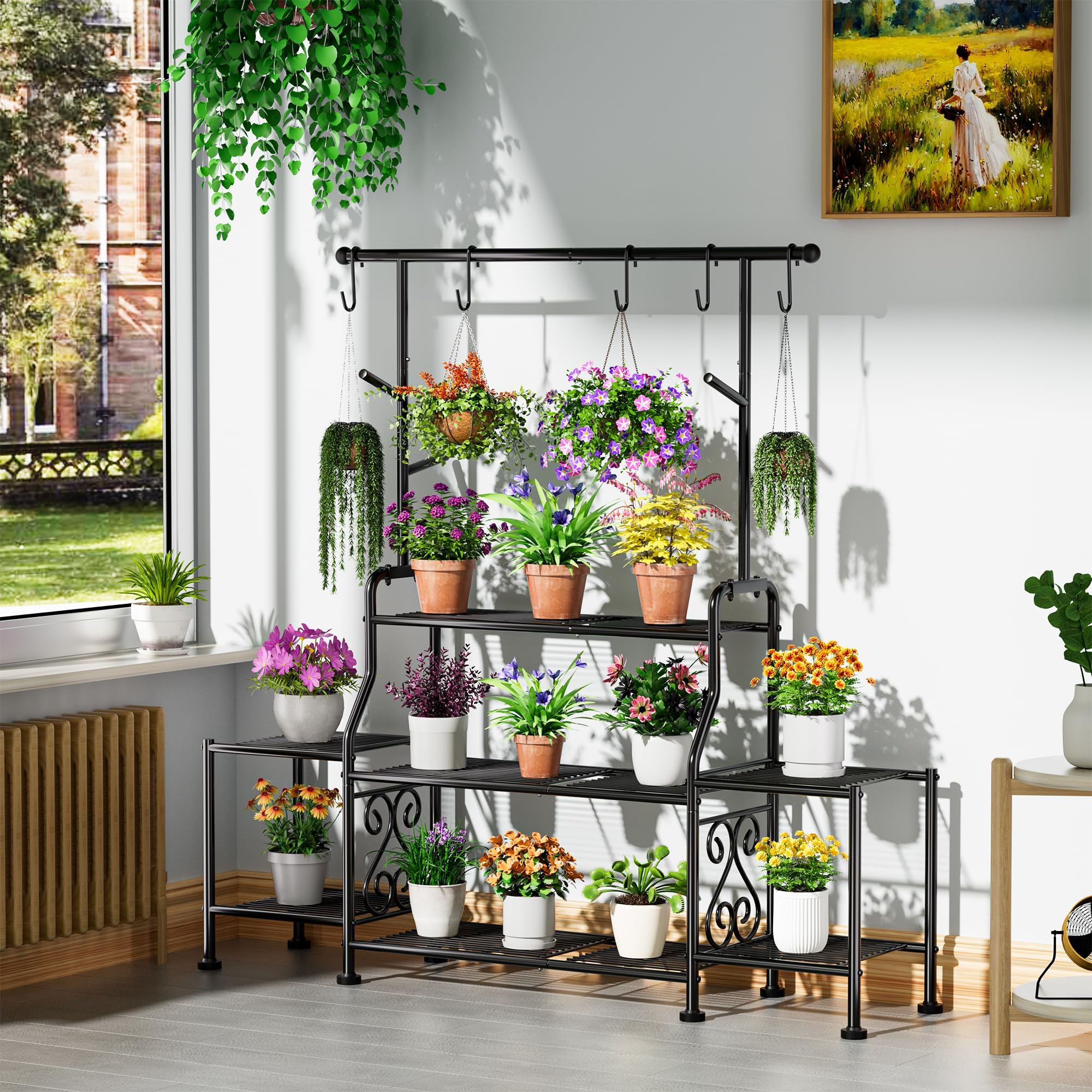 GIOTORENT plant stand with hanging hooks layout for vertical plant arrangement