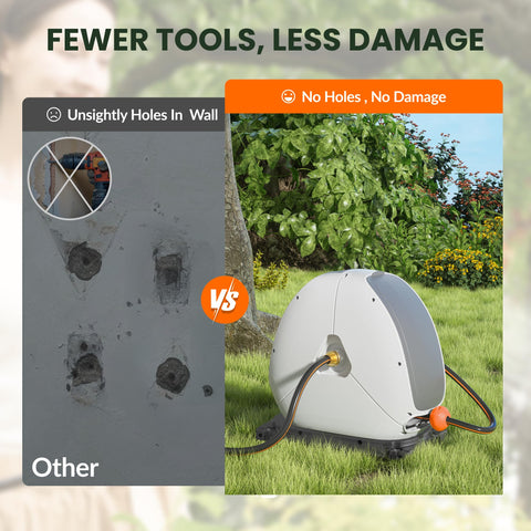 Giraffe Tools ground-mount option blends with yard decor while keeping hose accessible.