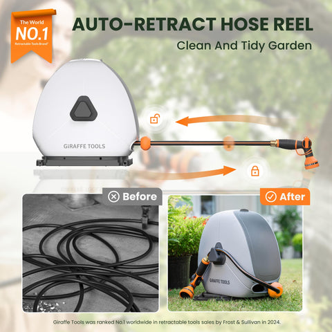 Giraffe Tools hose reel with swivel base supports stable operation on patios.