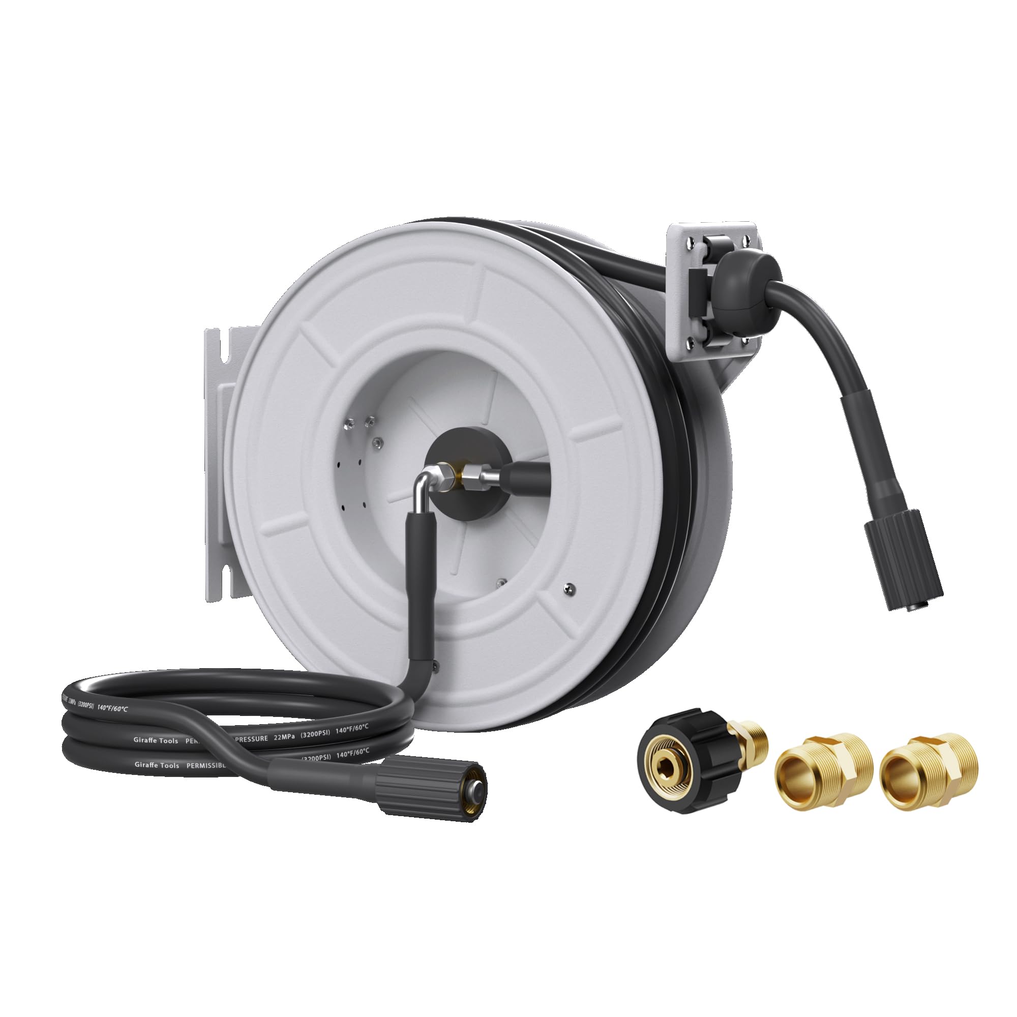 Giraffe Tools 65ft hose reel mounted for easy reach during cleanup