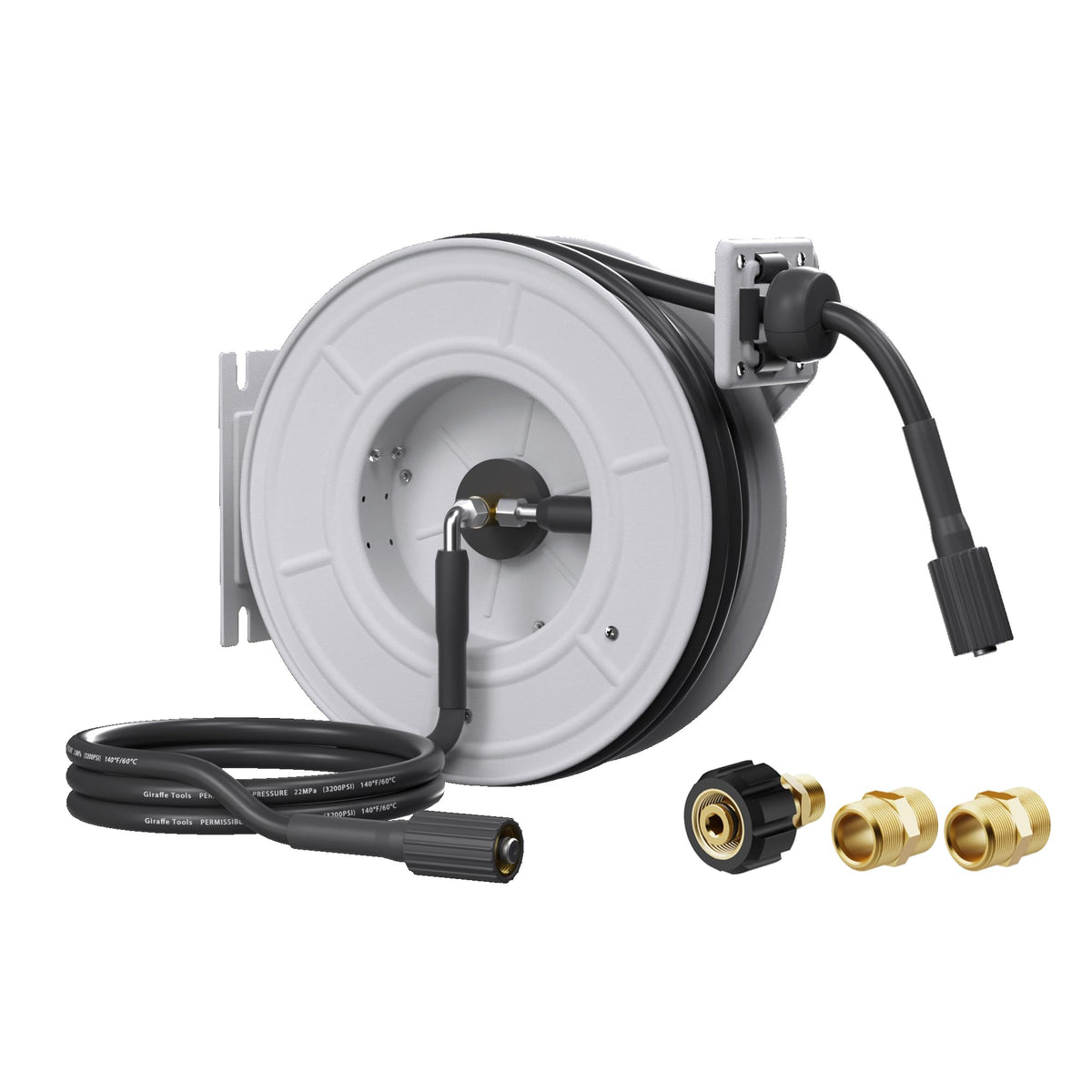 Giraffe Tools 65ft hose reel mounted for easy reach during cleanup
