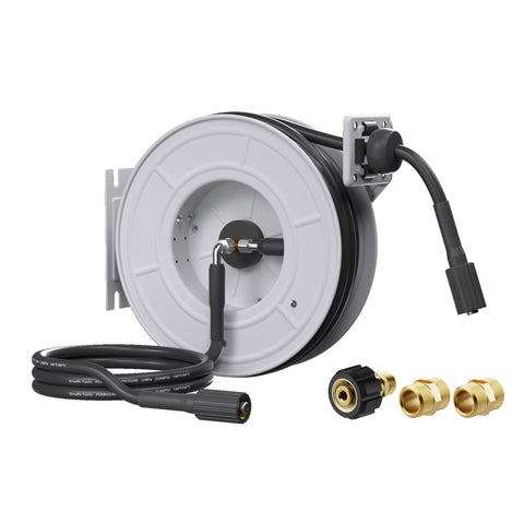 Giraffe Tools 65ft hose reel mounted for easy reach during cleanup