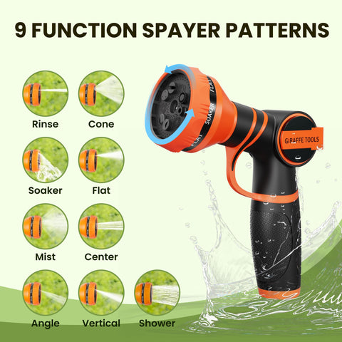 Giraffe Tools 9-pattern nozzle offers versatile watering from mist to jet.