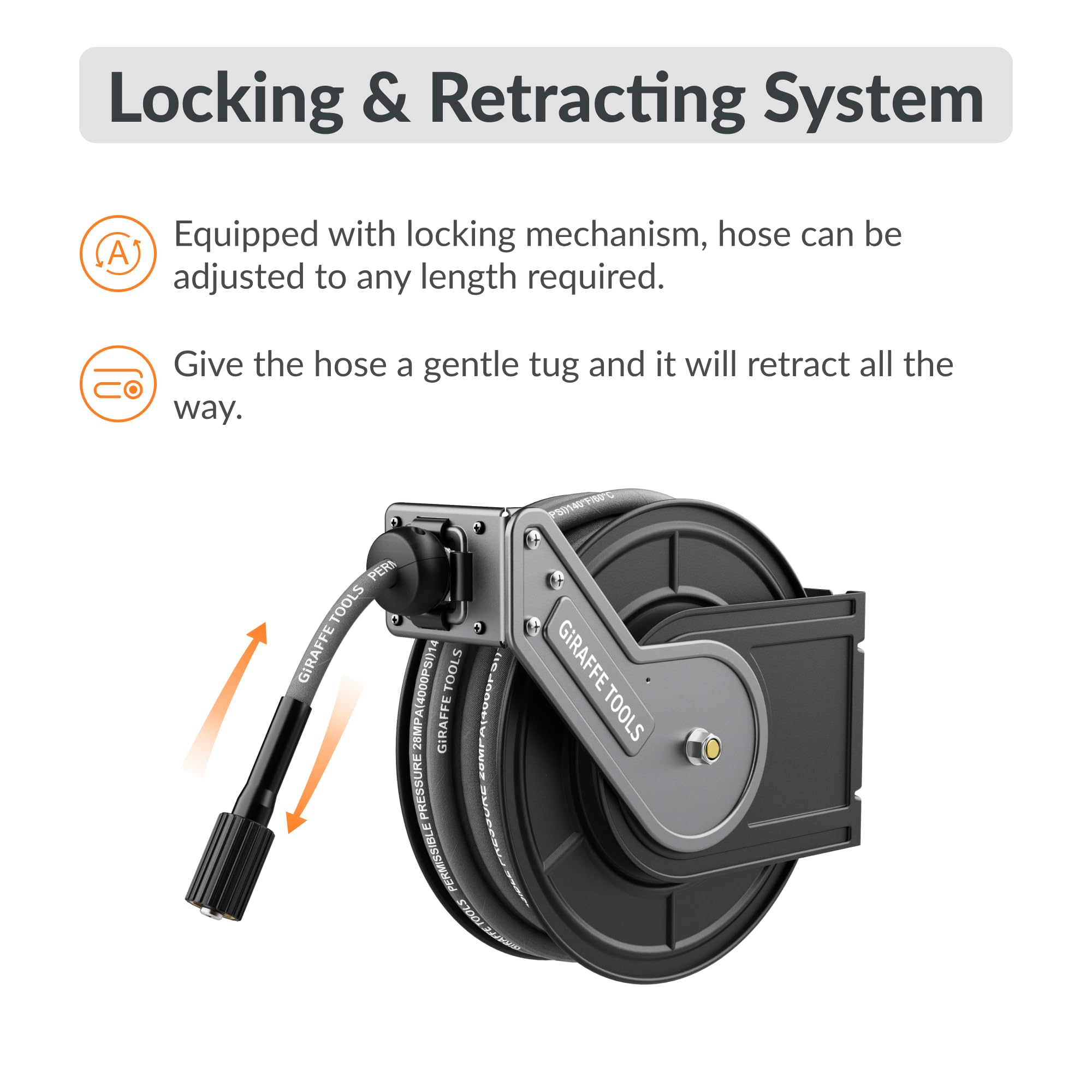 Giraffe Tools auto retract hose reel for quick, hassle-free reeling