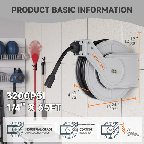 Giraffe Tools auto-retractable reel for tangle-free rewinding.