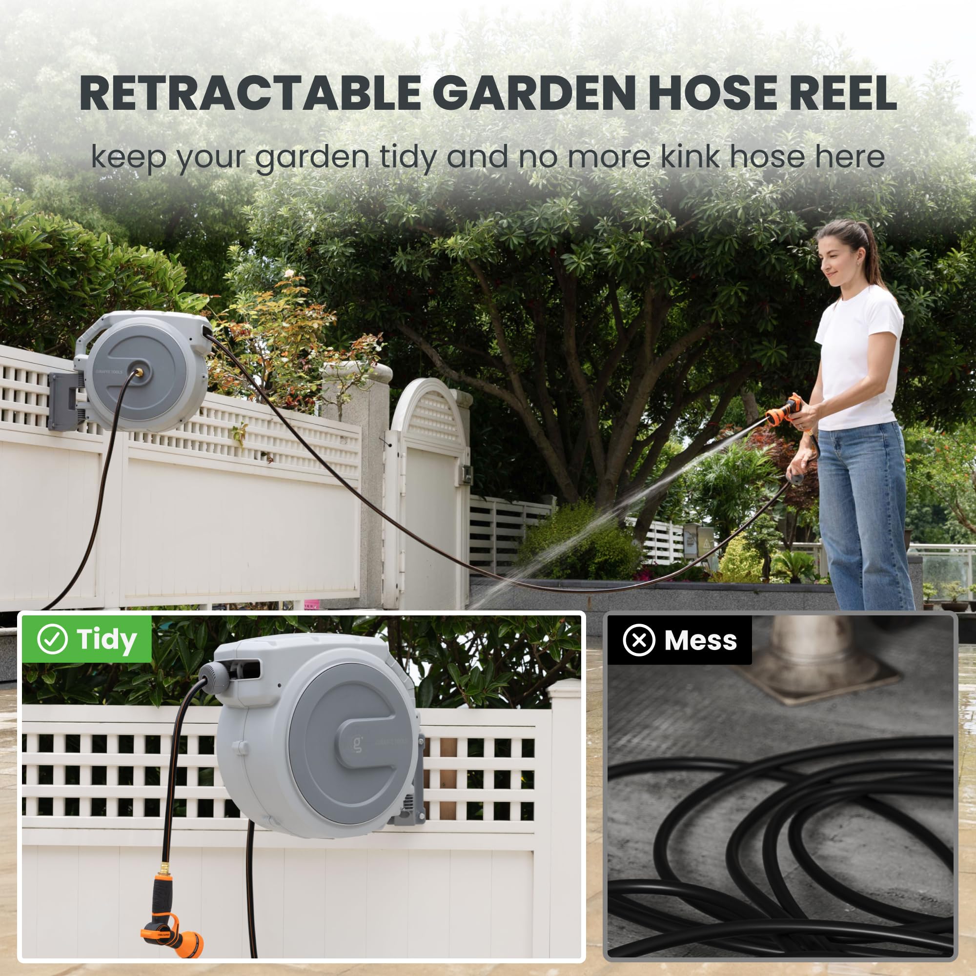 Giraffe Tools auto rewind system keeps hose neatly stored.