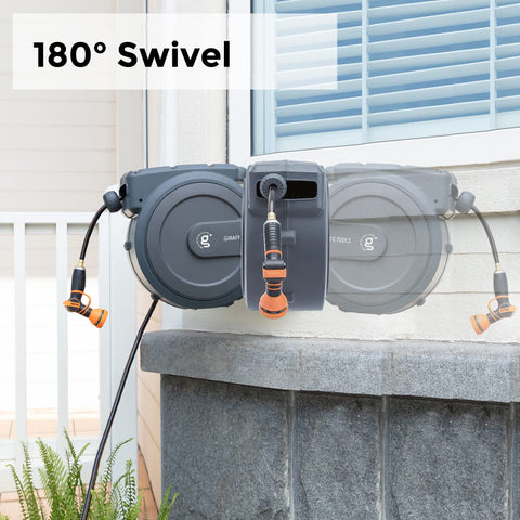 Giraffe Tools auto-rewind system retracts hose neatly after use.