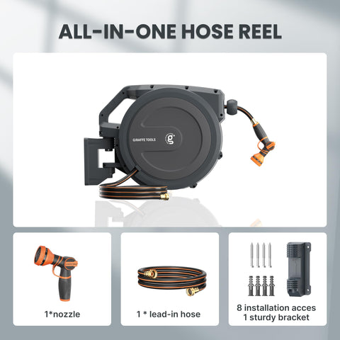 Giraffe Tools AW30 auto-rewind system prevents kinks and tangles after watering