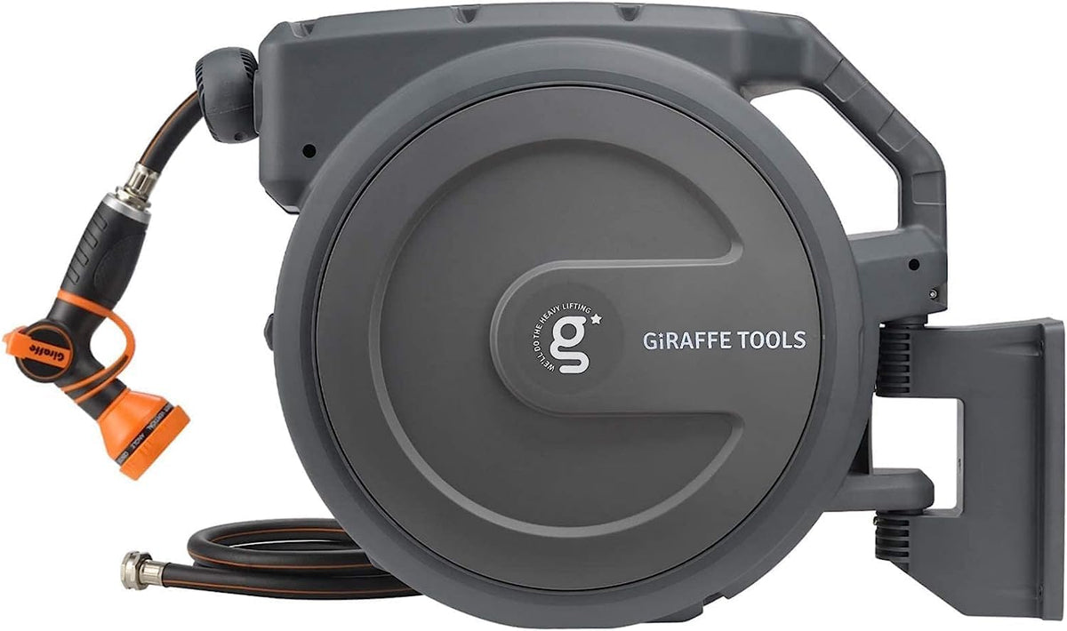 Giraffe Tools AW30 wall-mount reel bracket keeps hose tidy and within reach