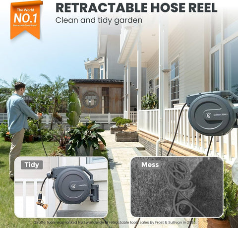 Giraffe Tools AW40 auto rewind keeps the hose neatly stored.