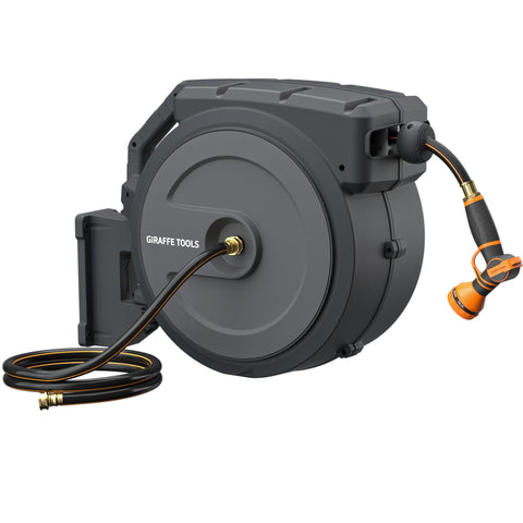 Giraffe Tools AW40 wall-mount hose reel ready for easy watering.