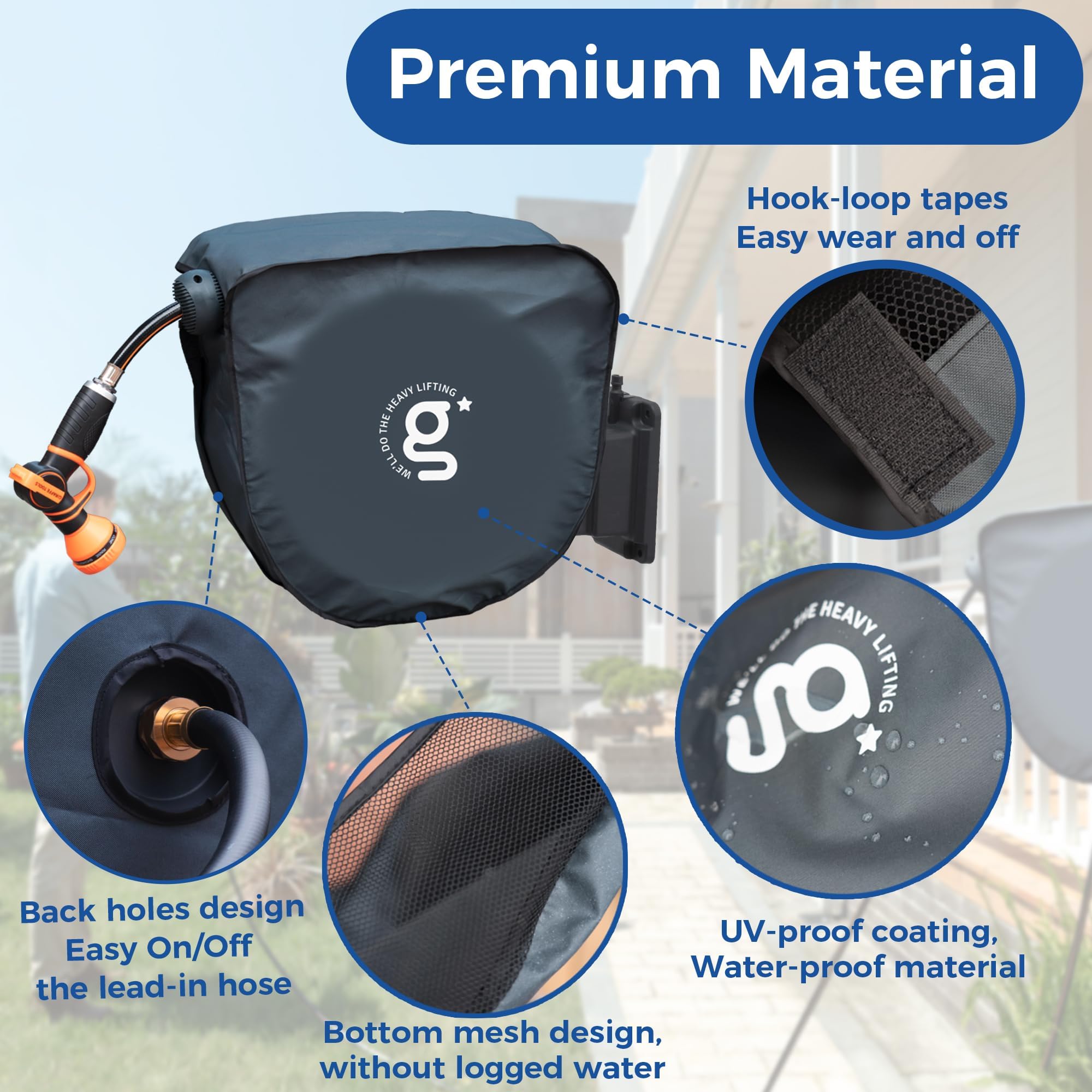 Giraffe Tools AW50 cover side view shows wind-resistant design with bottom strap