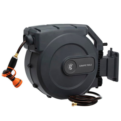 Giraffe Tools AW505/8 wall-mount retractable hose reel ready for installation and organized storage.